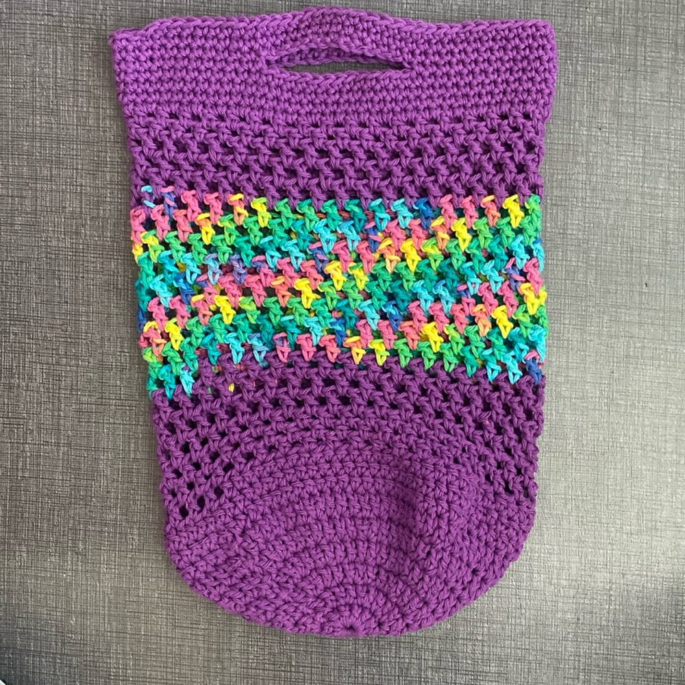 Handmade Crocheted Tote Purple blue yellow green